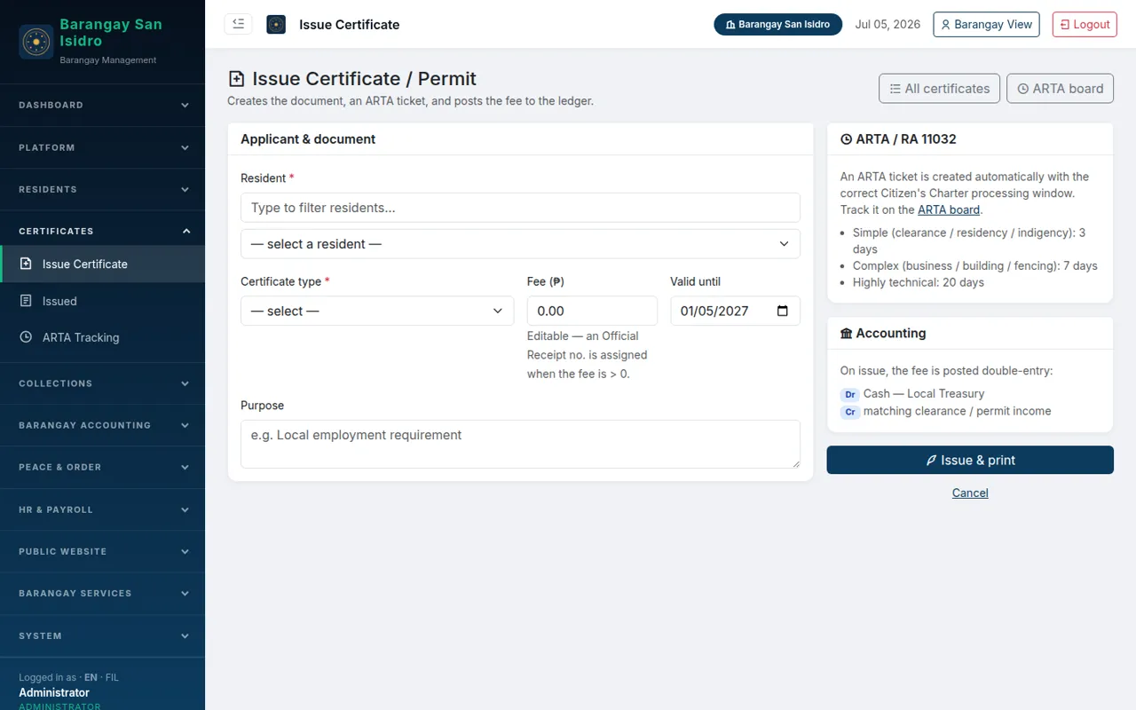 Issue a certificate — One form creates the document, the ARTA ticket and the ledger entry together.