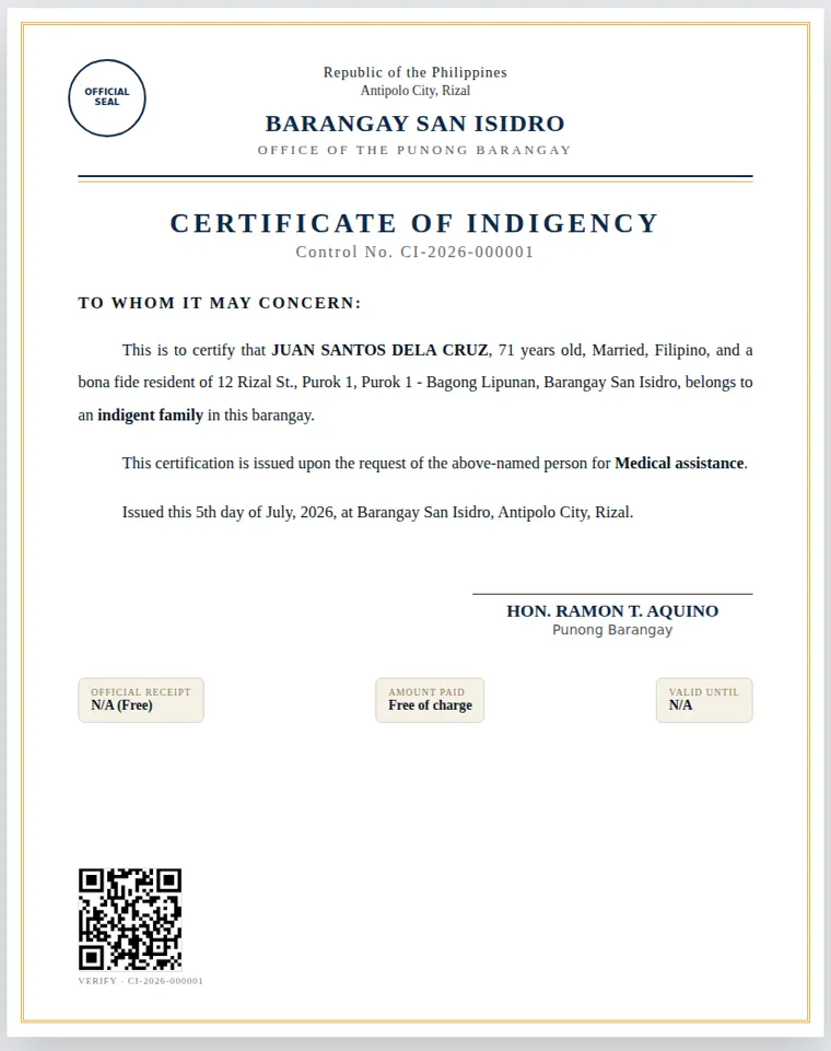 A Certificate of Indigency issued by Community System with control number and verification QR